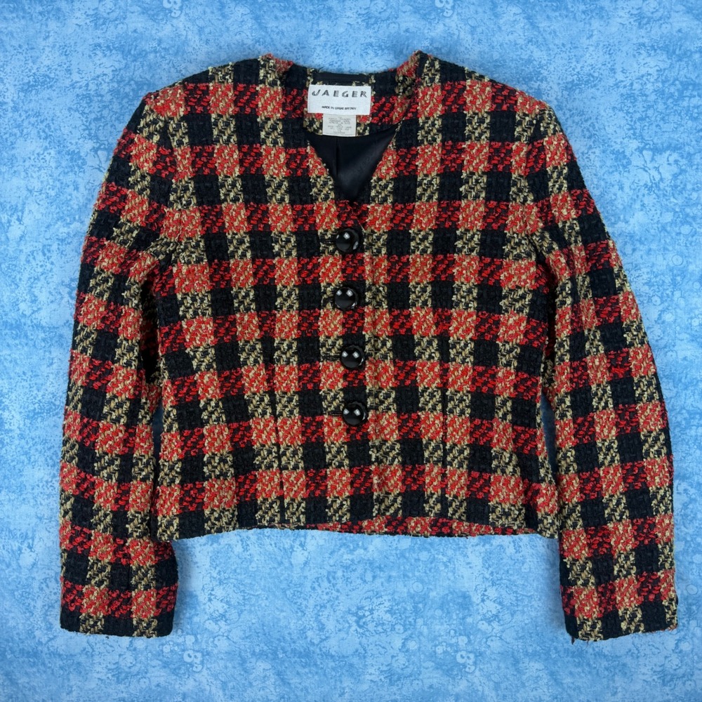 Jaeger London Vintage Plaid Boucle Wool Blend Blazer Jacket Red Black Sz 10